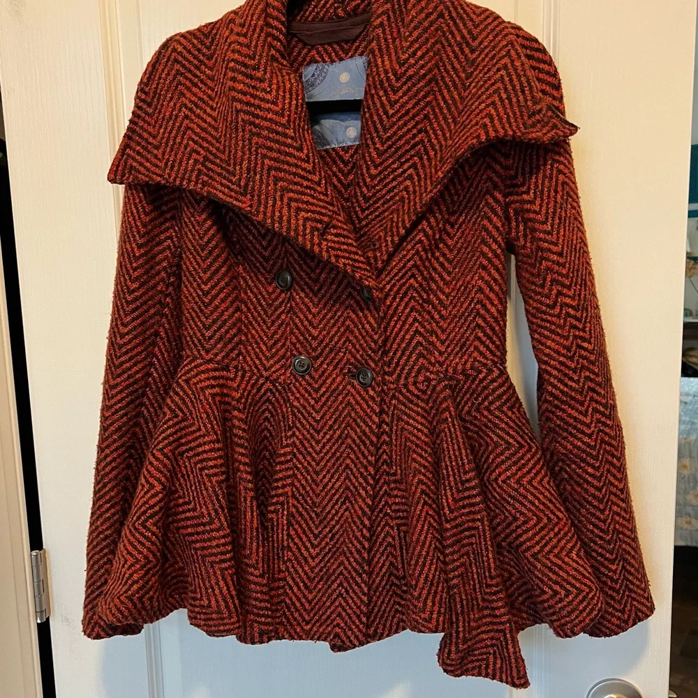Free People Rust Chevron Tweed Peplum Coat Jacket Size XS - Picture 4 of 13